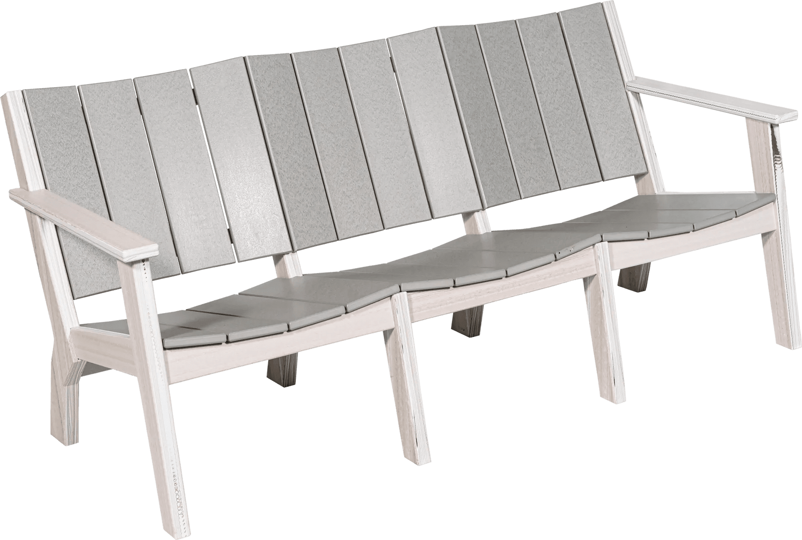 Navy and white poly patio sofa with pillow, arm chairs and coffee table on a stamped concrete pool deck