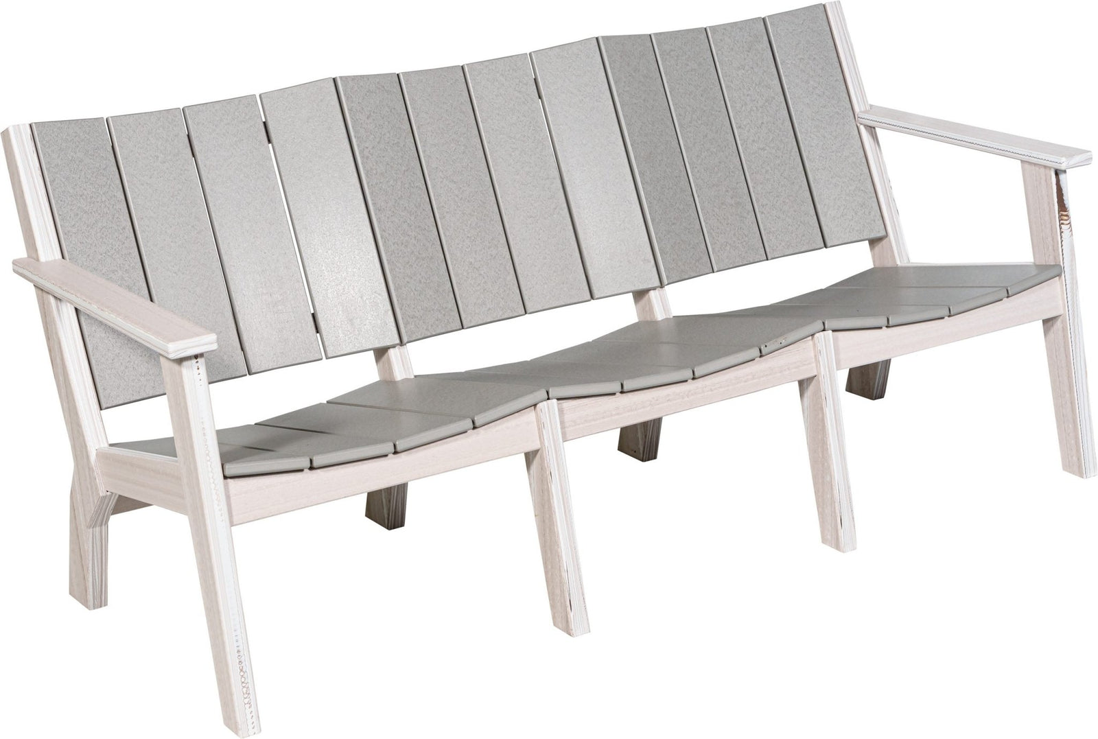 Navy and white poly patio sofa with pillow, arm chairs and coffee table on a stamped concrete pool deck