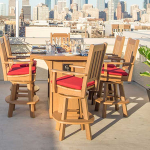 Six cedar poly swivel bar chairs with red cushions around a rooftop fire table above the city skyline