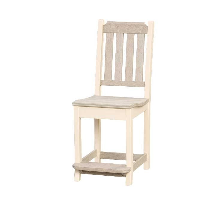Brown and white poly counter height table with four slat back stools on a log cabin porch