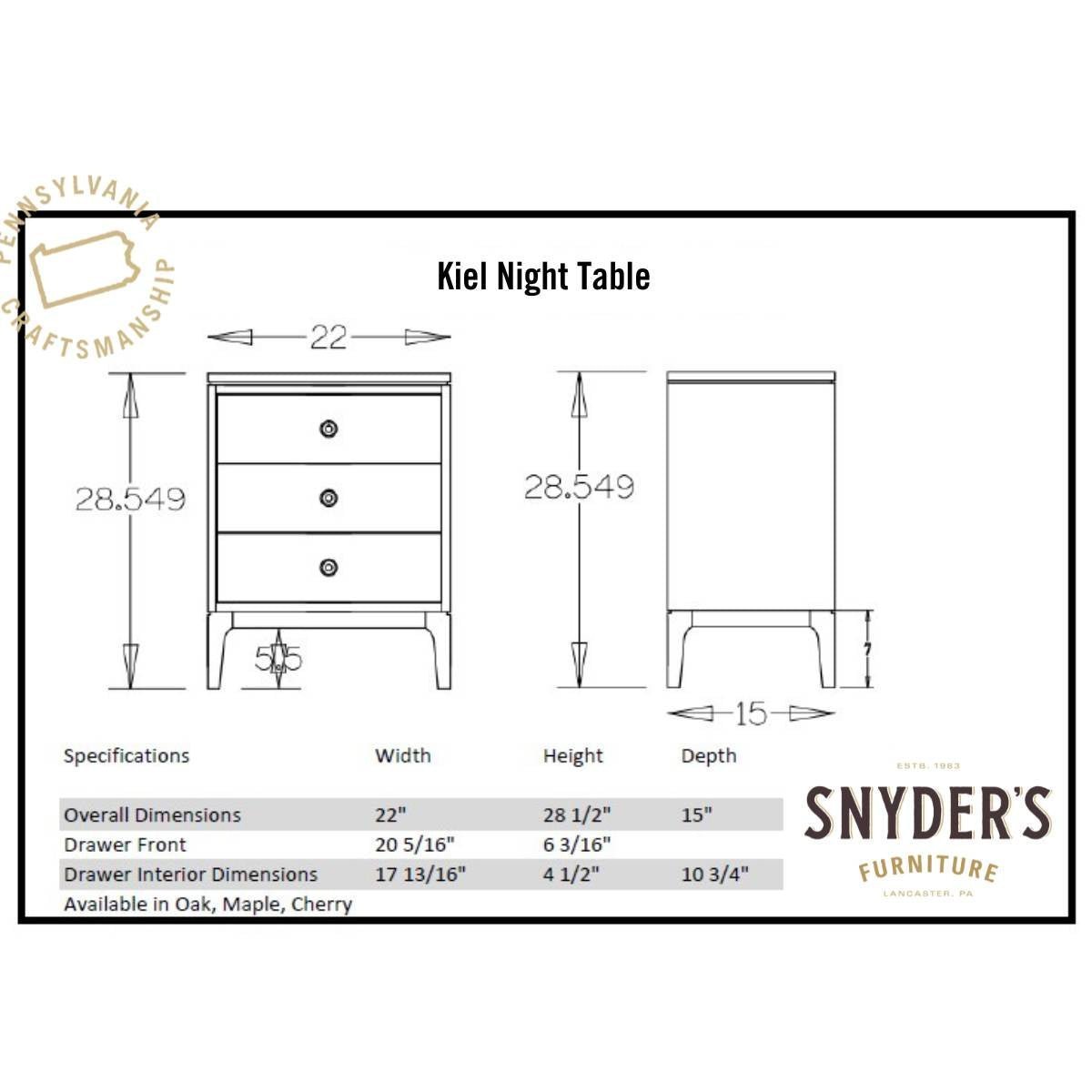 Kiel night table spec drawing showing 22 inch width, 28 1/2 inch height, 15 inch depth and drawer dimensions
