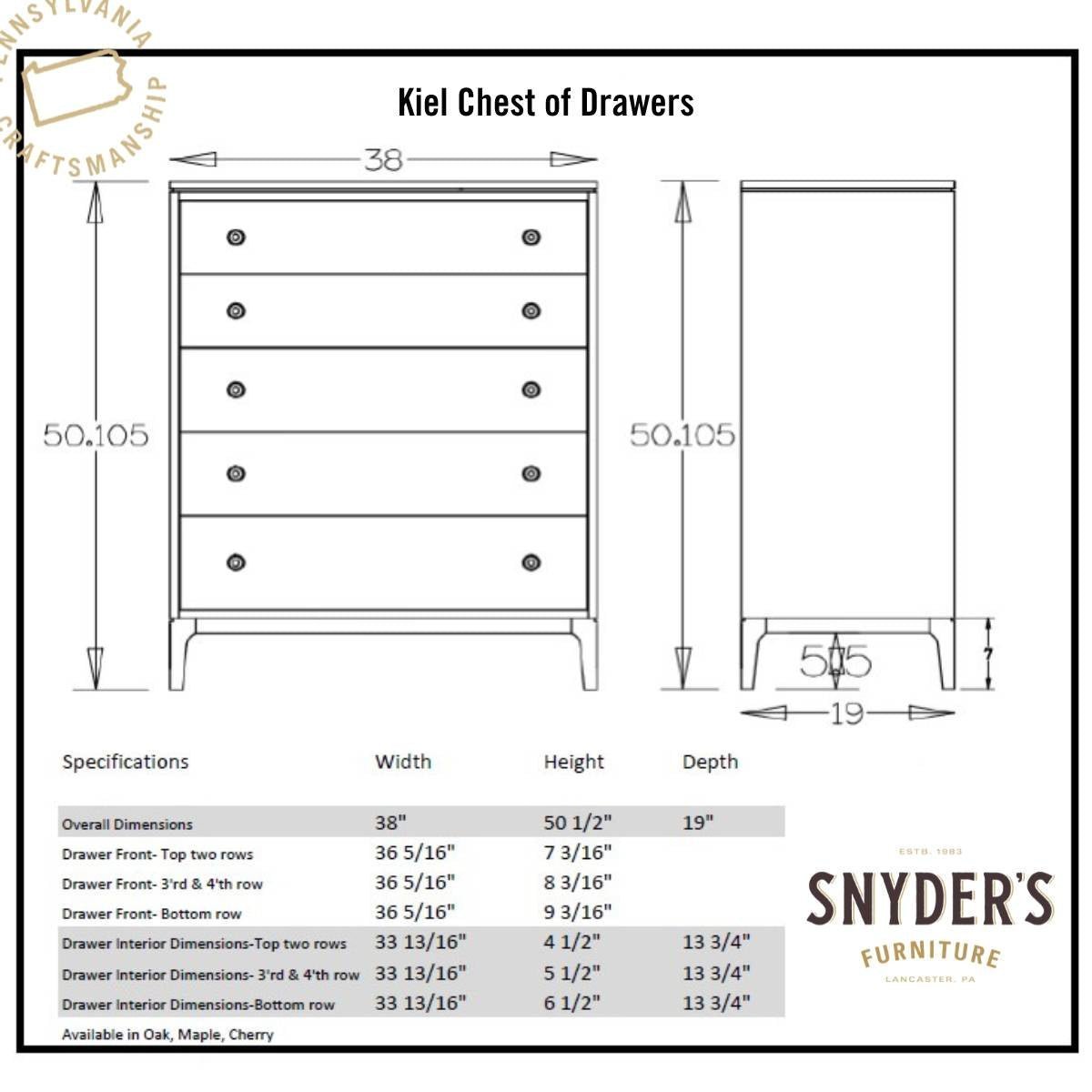 Kiel chest of drawers spec diagram with 38 inch width, 50 1/2 inch height, 19 inch depth and drawer sizes