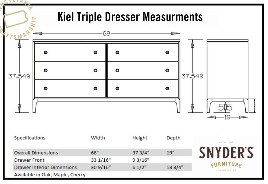 Kiel triple dresser measurement diagram listing 68 inch width, 37 3/4 inch height and 19 inch depth