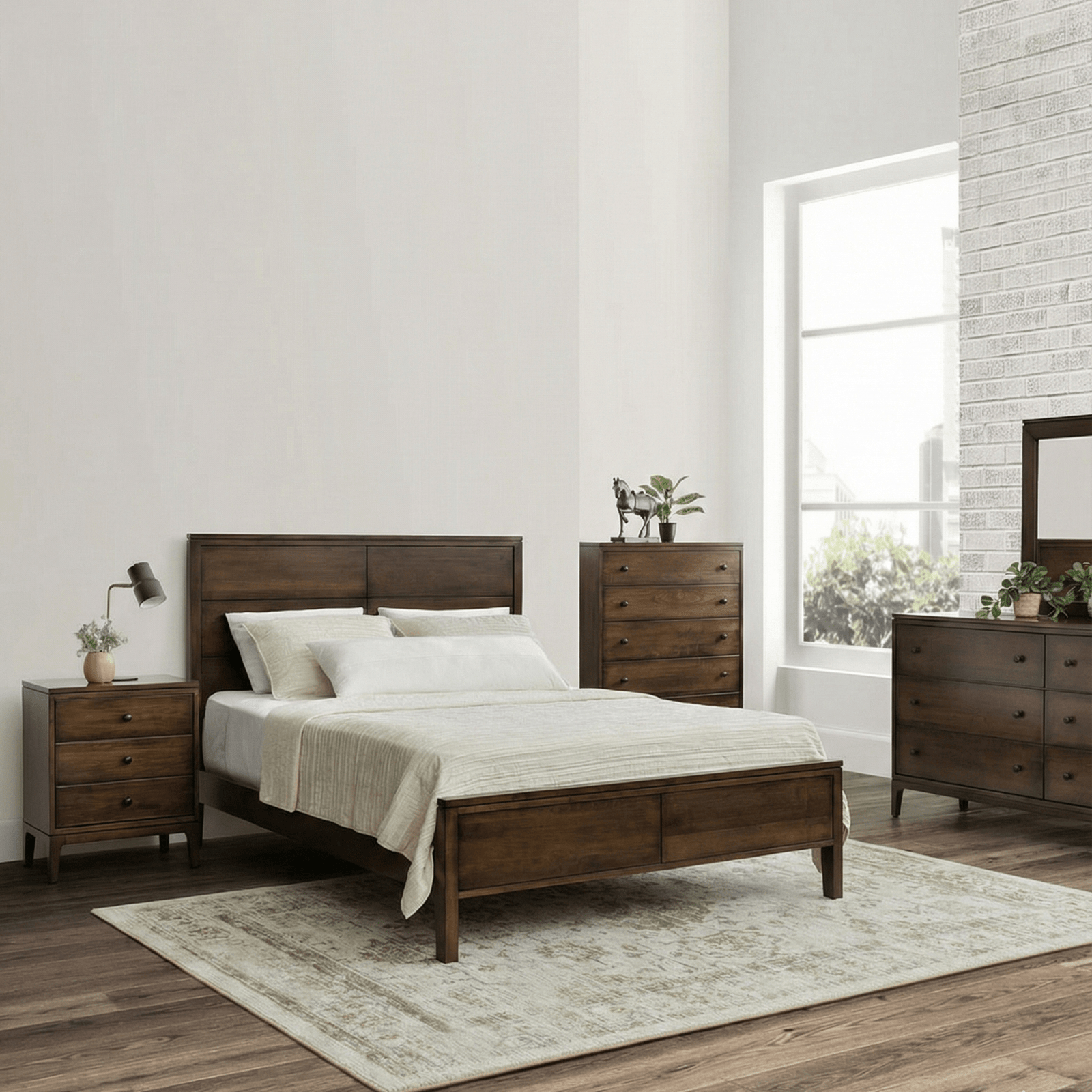 Maple mid century modern bedroom set with panel bed, three-drawer nightstand, five-drawer chest and dresser on a rug