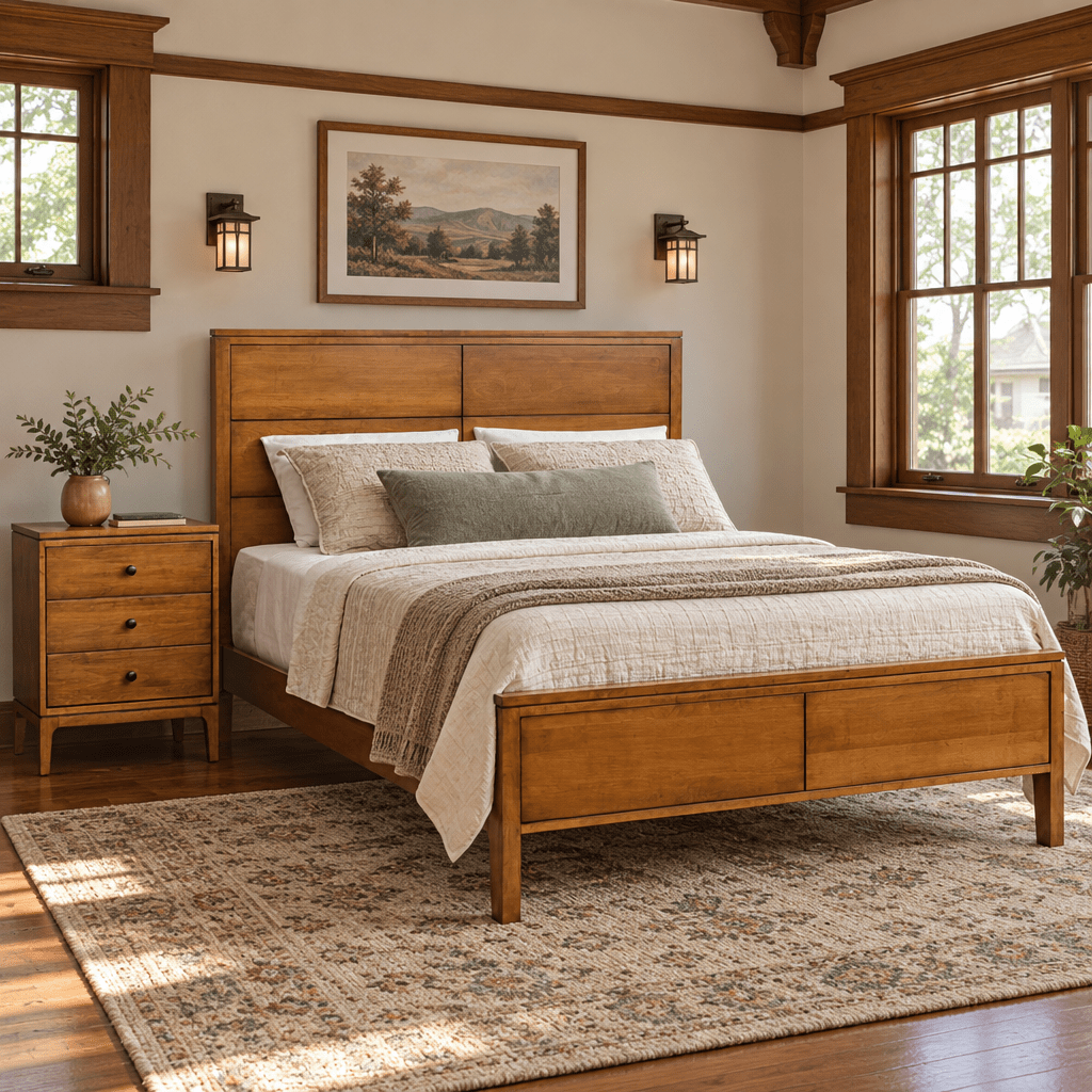 Amish Kiel Mid-Century Modern Solid Wood Panel Bed shown in the bedroom of a craftsman bungalow home