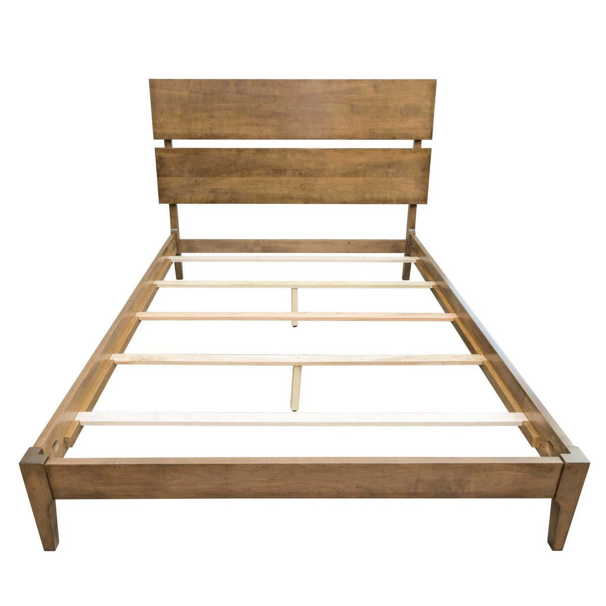Front view of the light wood bed frame with angled headboard, maple support slats and center support
