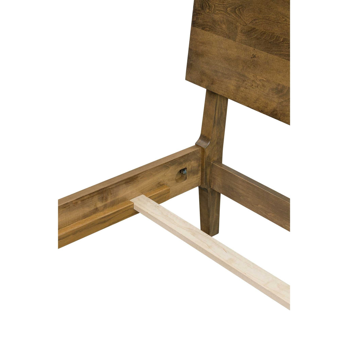 Headboard post and rail joint of the mid century bed with a recessed bolt and light maple support slat