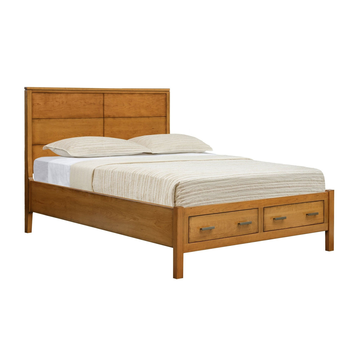 Wooden bed with white bedding on a white background