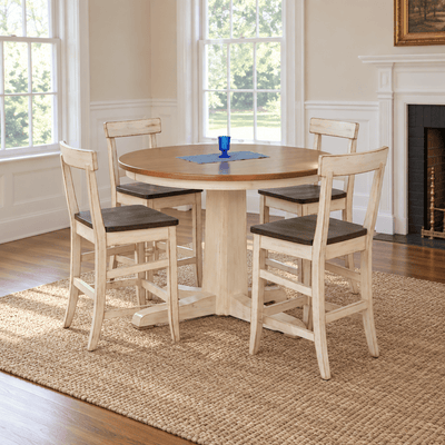 Amish La Croix Round Expandable Counter Height Table shown in the dining room of a traditional colonial home