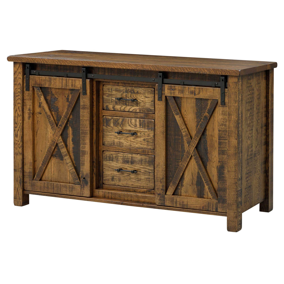 Small barn door sideboard in rough sawn oak with two sliding X doors, three drawers and iron pulls