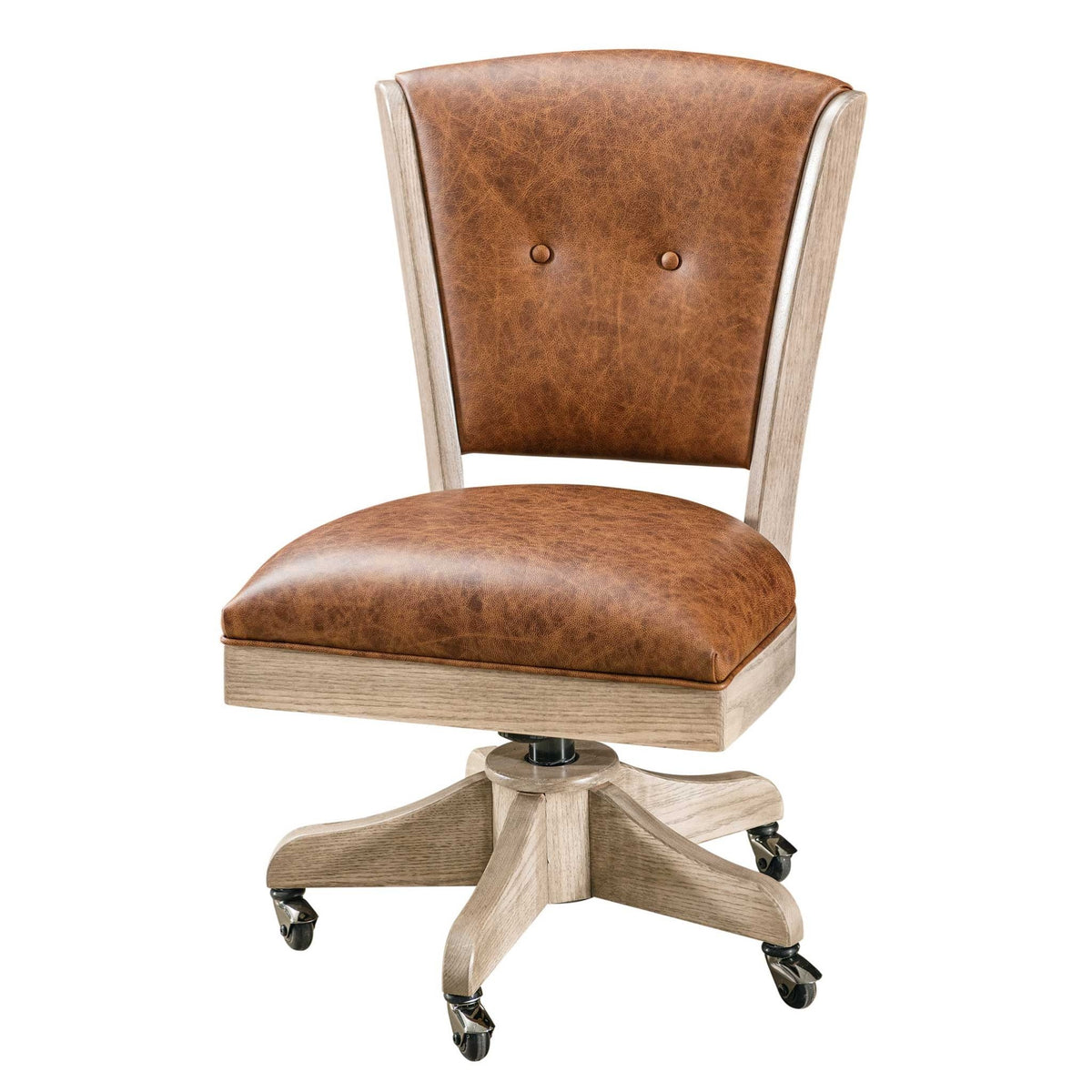 Swivel wood desk chair with caramel brown leather upholstered back and seat, weathered gray oak frame and casters