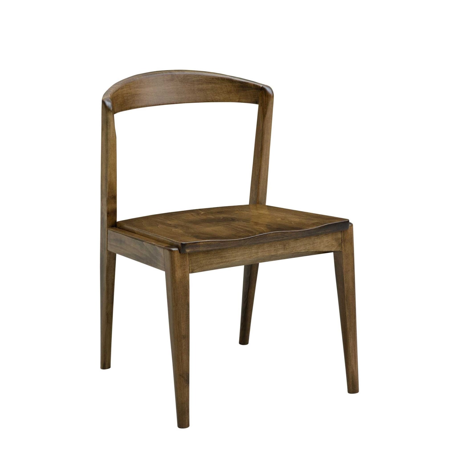 Mid century modern walnut dining chairs with curved backs and saddle seats around a matching leg dining table