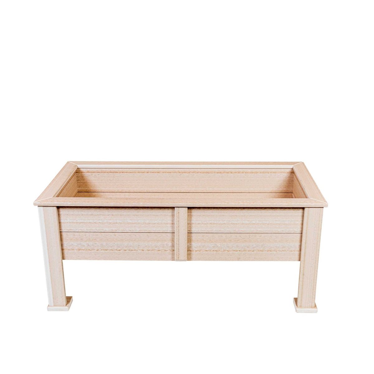 Rectangular raised poly planter box in weathered wood tone with slat sides and short legs