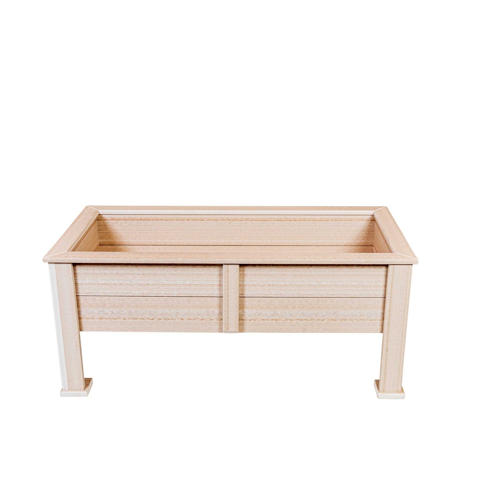 Rectangular raised poly planter box in weathered wood tone with slat sides and short legs