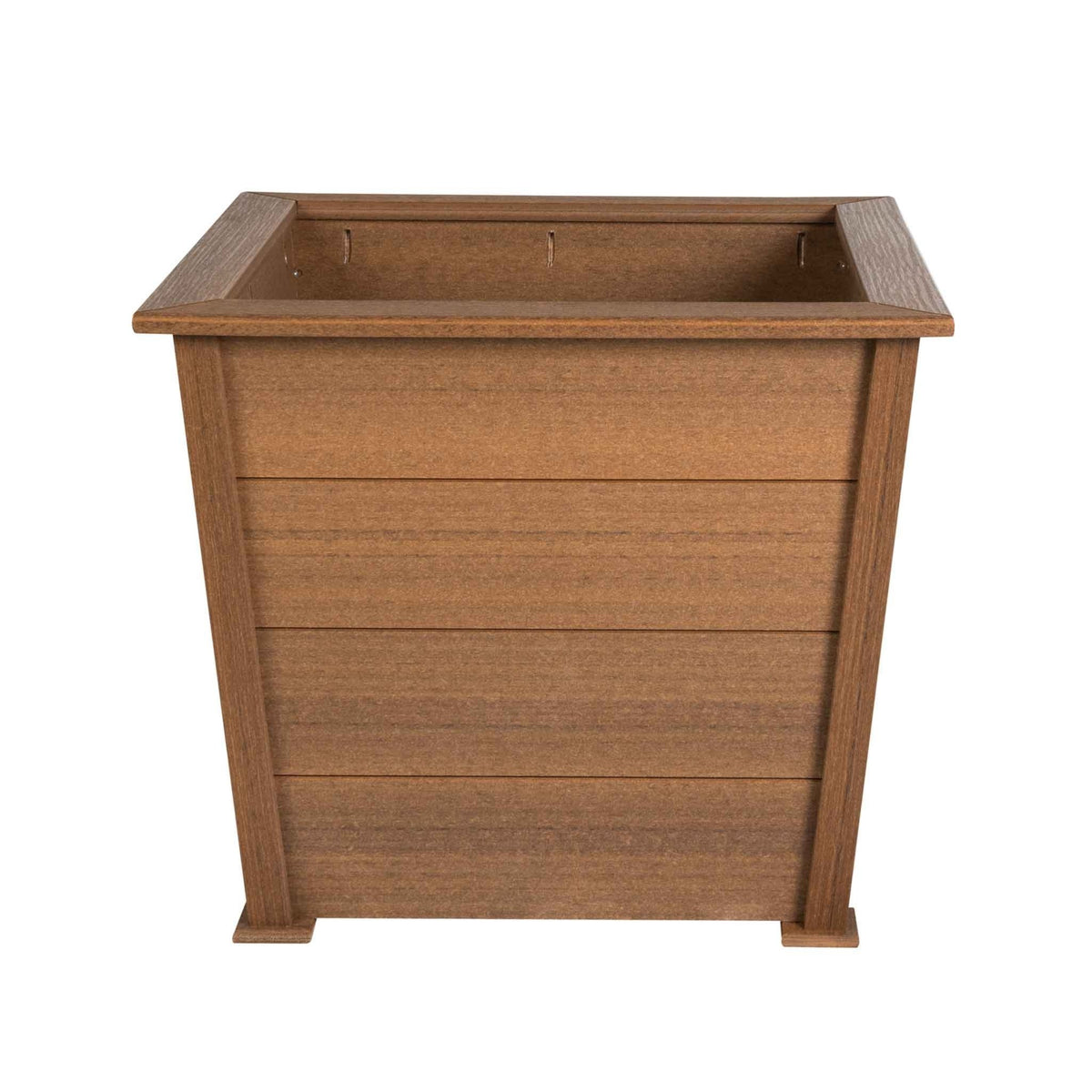 Empty mahogany brown poly planter box with horizontal plank sides, wide rim and corner feet
