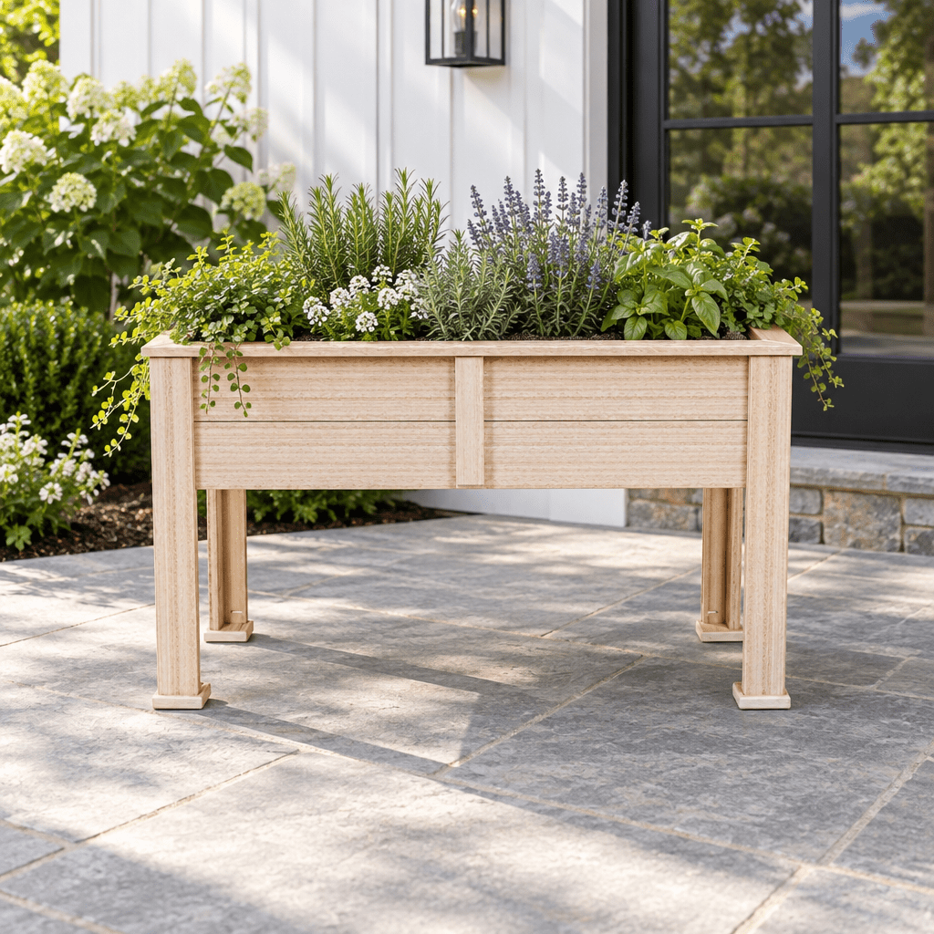 Amish Large 30" Raised Poly Planter shown in the back patio of a modern farmhouse home