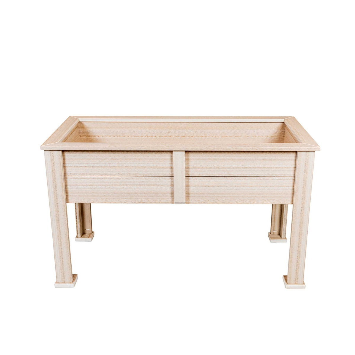 Raised rectangular poly planter box on tall legs in a light driftwood tone, shown empty