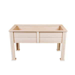 Raised rectangular poly planter box on tall legs in a light driftwood tone, shown empty