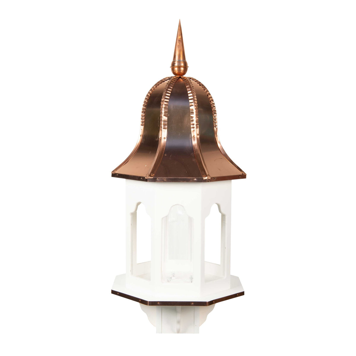 White poly bird feeder with polished copper bell roof, finial spire and clear seed windows