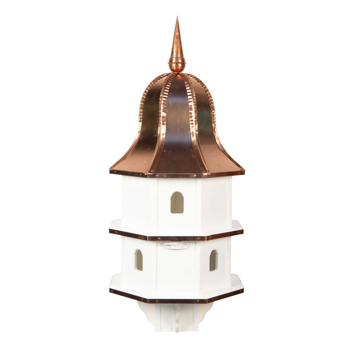 Two story white poly birdhouse with copper bell roof, spire finial and multiple oval entry holes