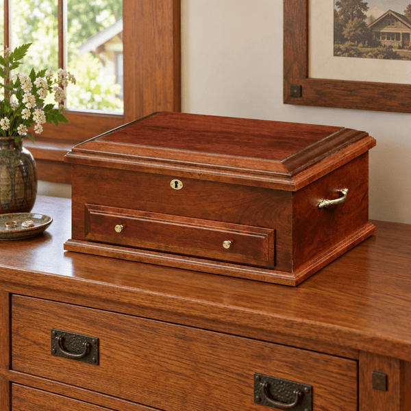 Amish Large Solid Wood Jewelry Chest with Drawer shown in the bedroom of a craftsman bungalow home