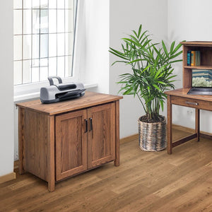Oak printer cabinet with two paneled doors and dark bar pulls, holding a printer beside a sunny home office window