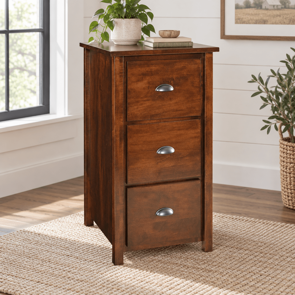 Amish Lewisburg Shaker Solid Wood 3-Drawer File Cabinet shown in the home office of a modern farmhouse home