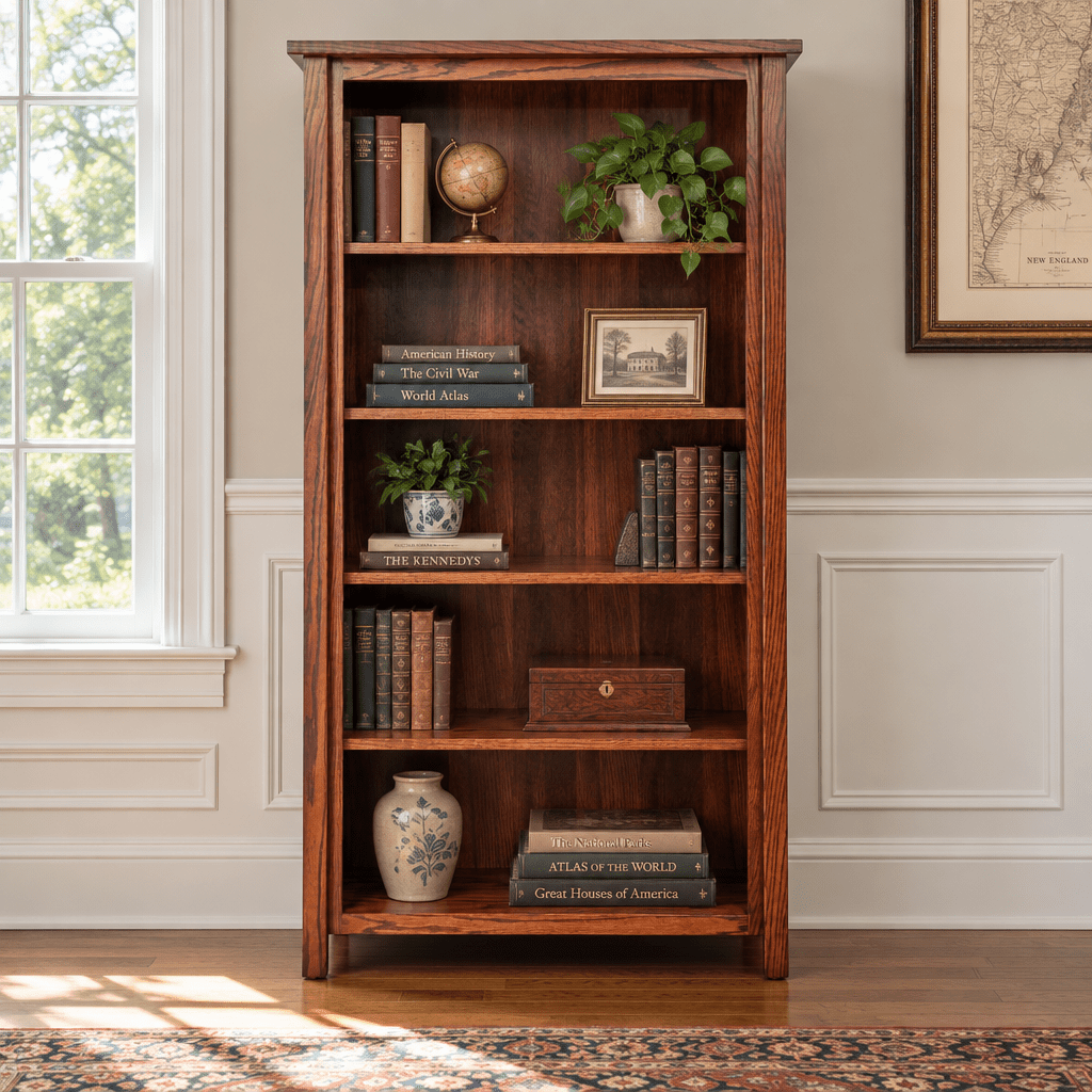 Amish Lewisburg Shaker Solid Wood 5 ft Bookcase shown in the home office of a traditional colonial home