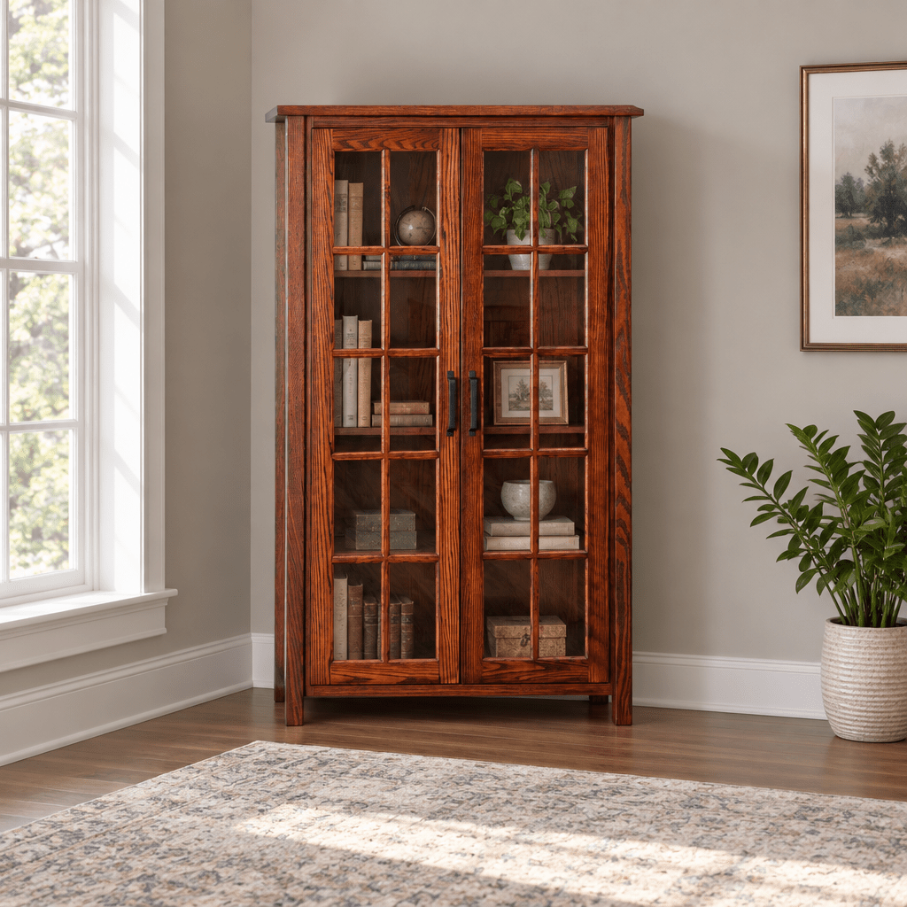 Amish Lewisburg Shaker Solid Wood 5 ft Bookcase with Doors shown in the home office of a transitional home