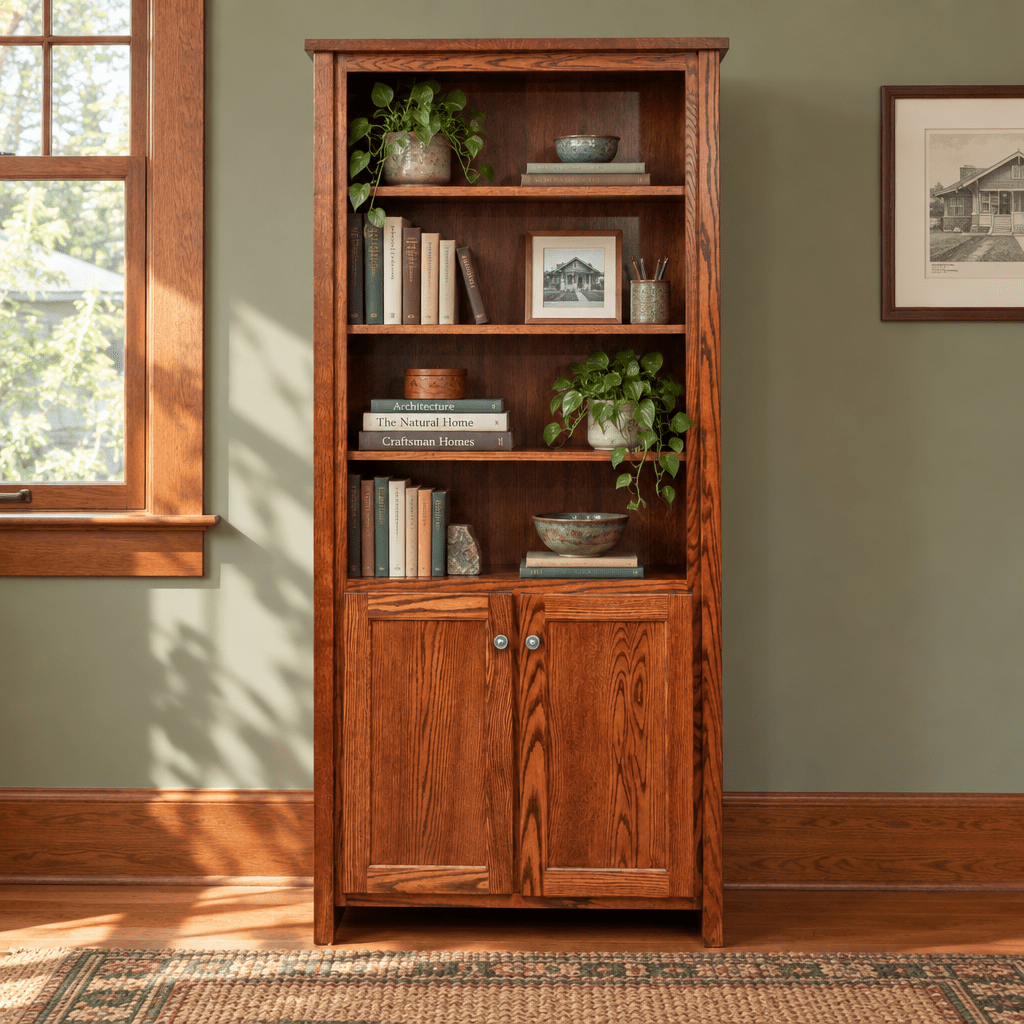 Amish Lewisburg Shaker Solid Wood 6 ft Bookcase with Doors shown in the home office of a craftsman bungalow home
