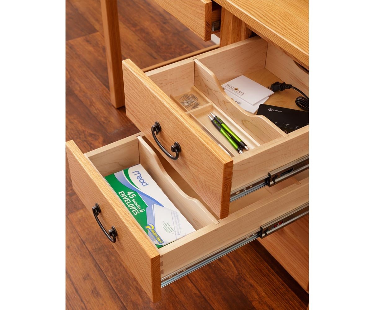 Amish Lewisburg Shaker Solid Wood 70" Double Pedestal Executive Desk - divided drawer detail