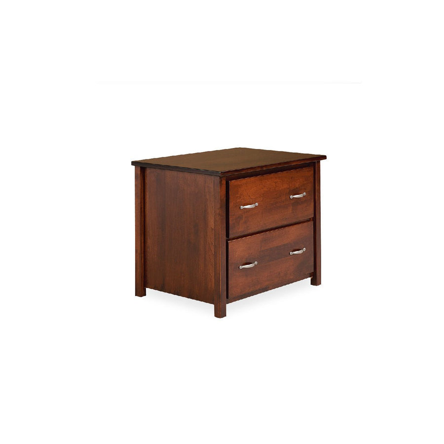 Two drawer lateral file cabinet in a rich cherry finish with brushed nickel handles and square corner posts