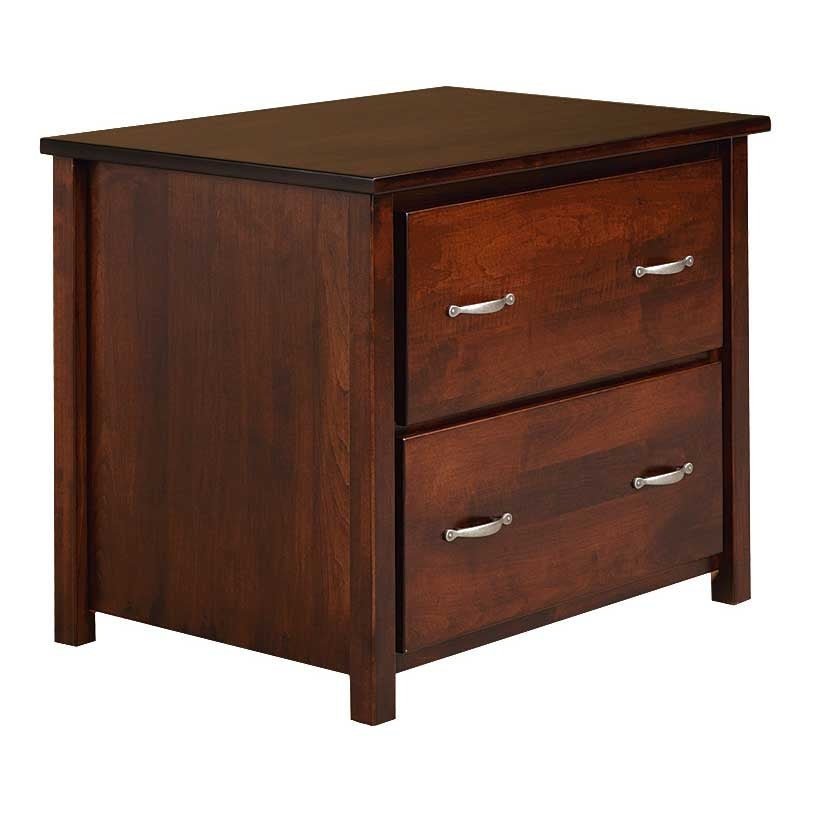 Angled view of the lateral file cabinet showing two deep drawers, nickel bail pulls and a flush overhanging top