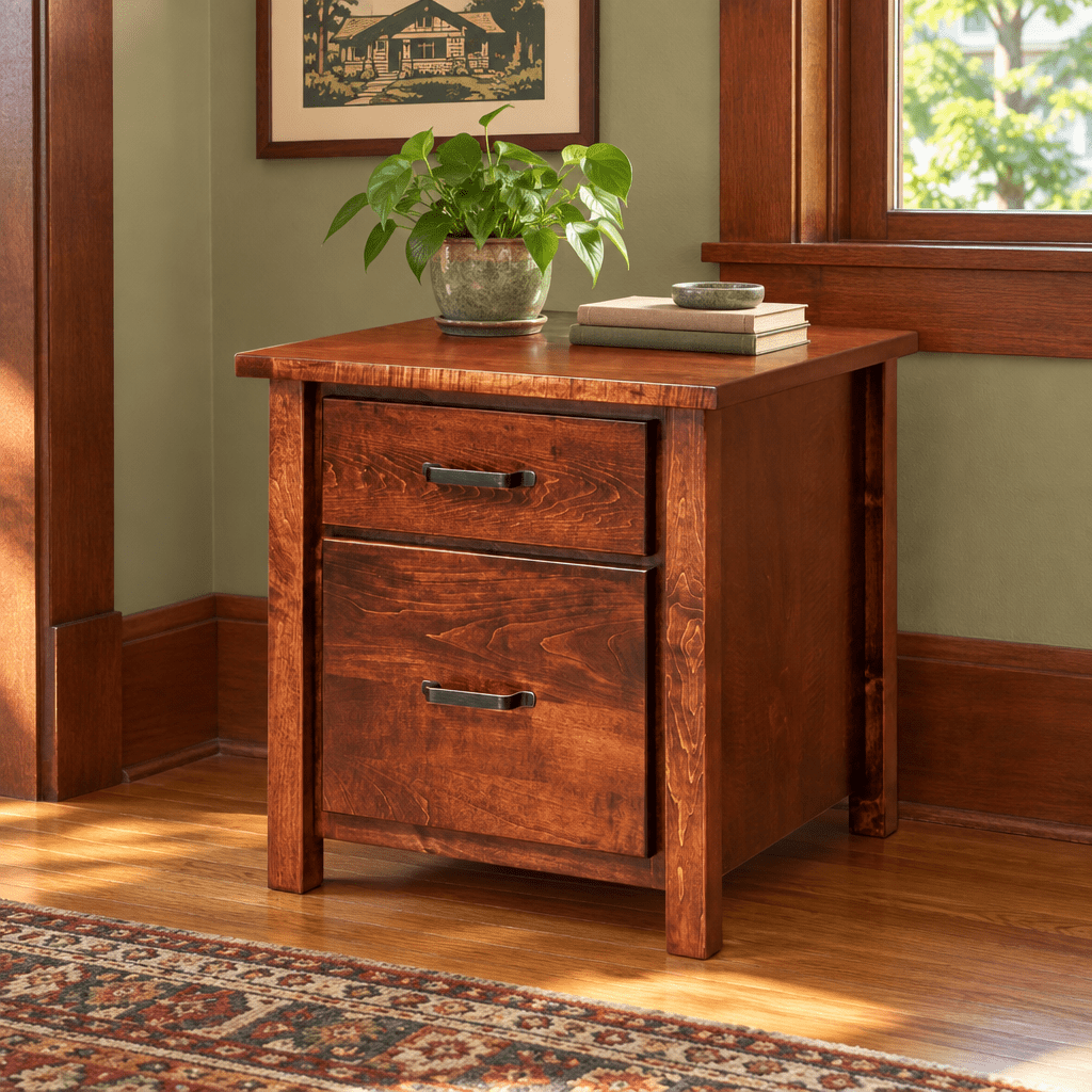 Amish Lewisburg Shaker Solid Wood Low File Cabinet shown in the home office of a craftsman bungalow home