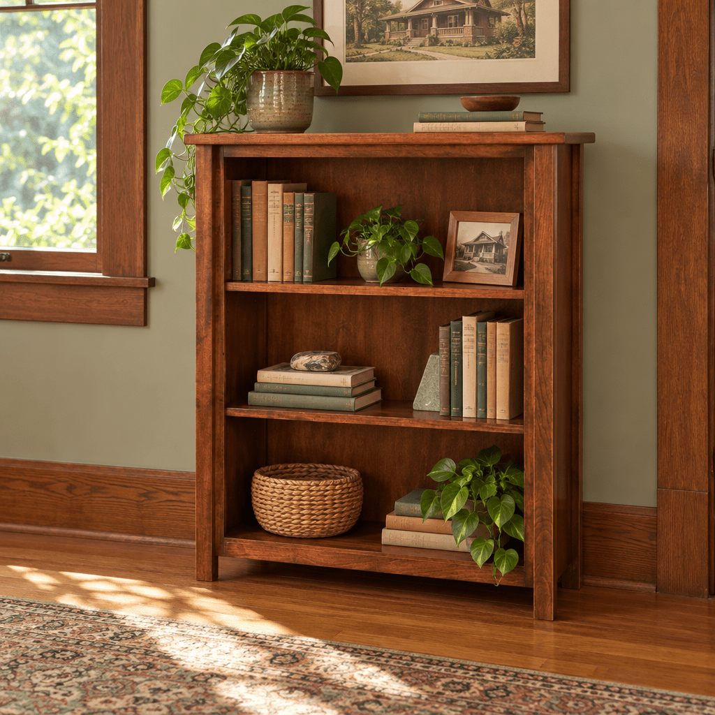 Amish Lewisburg Shaker Solid Wood Open Bookcase shown in the home office of a craftsman bungalow home