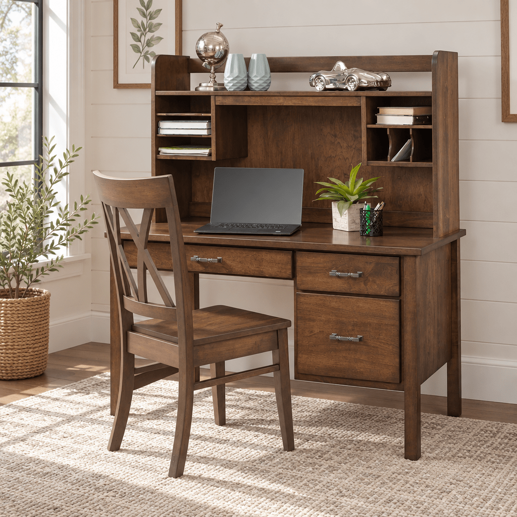 Amish Lewisburg Shaker Solid Wood Student Desk with Hutch shown in the home office of a modern farmhouse home