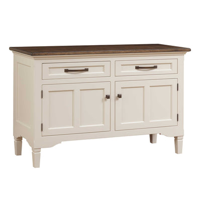 Cream painted sideboard buffet with a brown top, two drawers, two panel doors and tapered legs