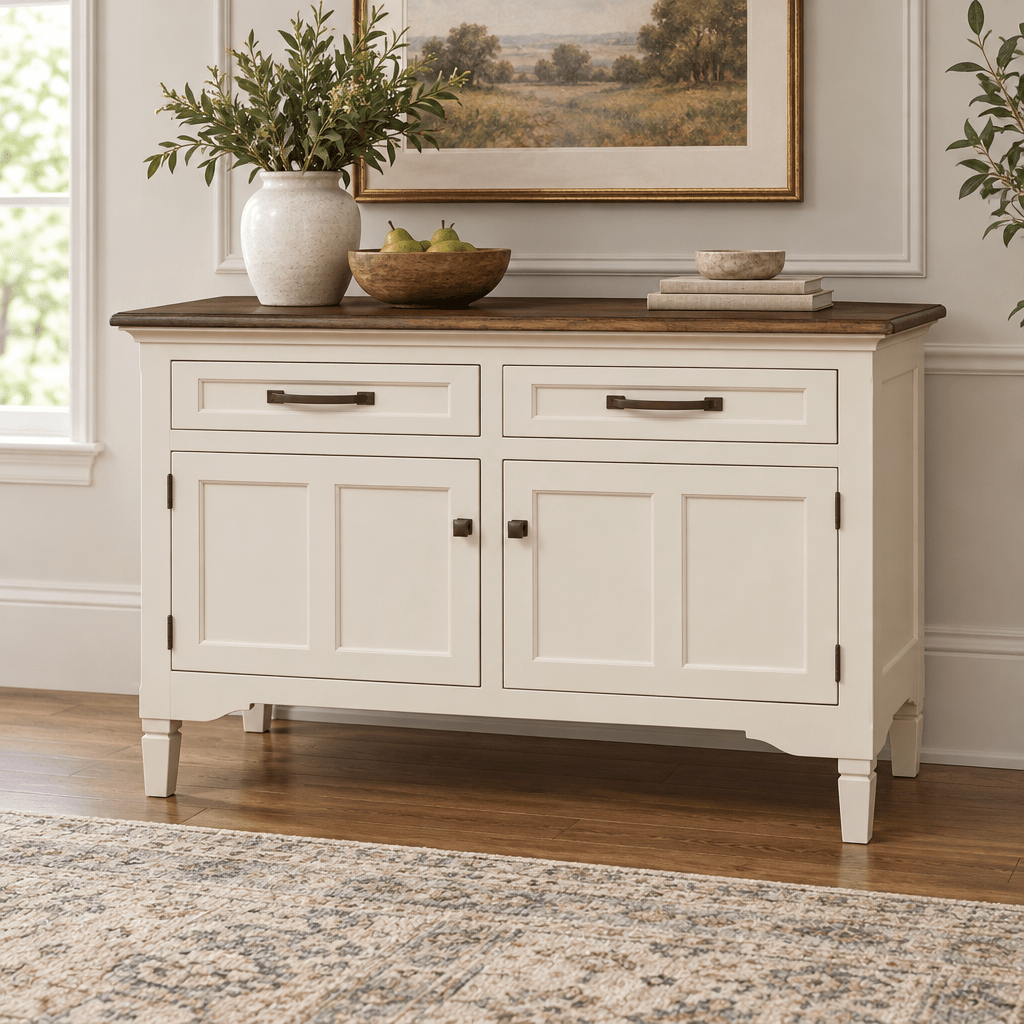 Amish Lexington 2-Drawer Dining Room Storage Buffet shown in the dining room of a transitional home