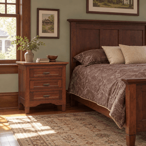 Amish Lexington 3-Drawer Nightstand shown in the bedroom of a craftsman bungalow home
