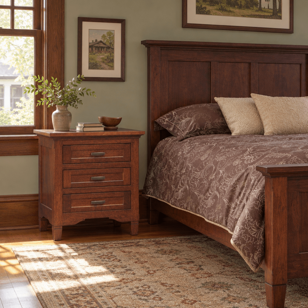 Amish Lexington 3-Drawer Nightstand shown in the bedroom of a craftsman bungalow home