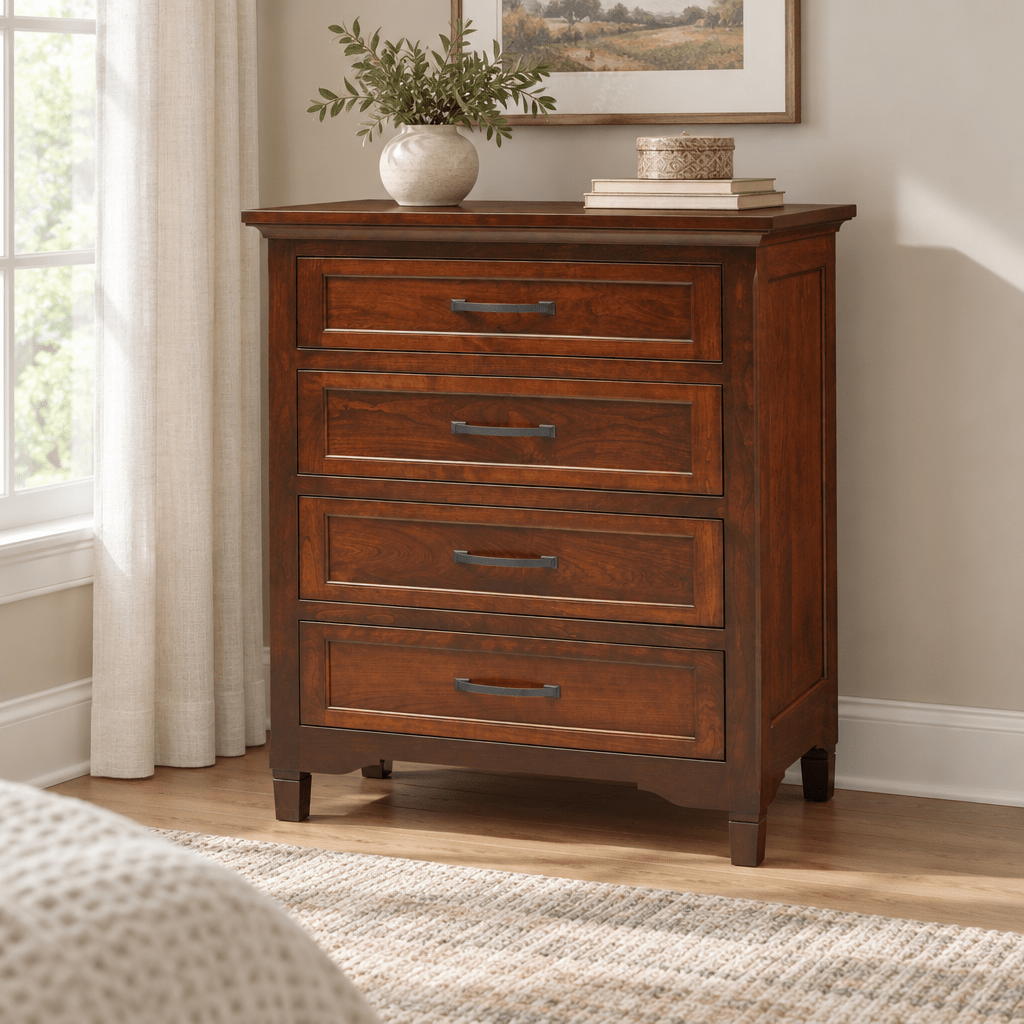 Amish Lexington 4-Drawer Chest of Drawers shown in the bedroom of a transitional home