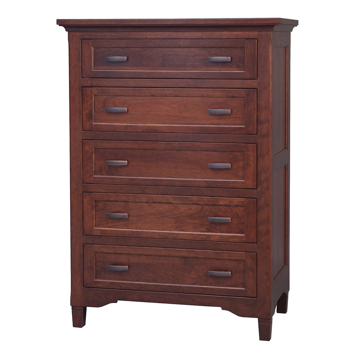 Five-drawer cherry chest of drawers with beveled top, dark bar pulls and a curved apron above tapered legs
