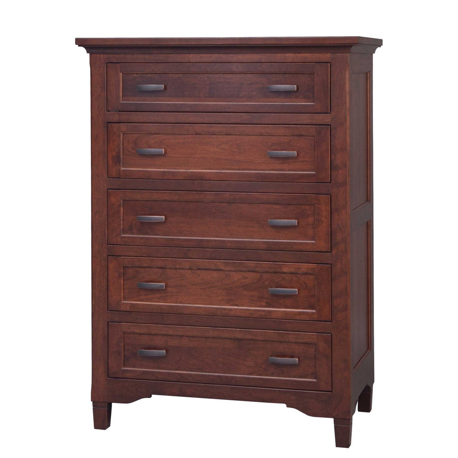 Five-drawer cherry chest of drawers with inset fronts, dark bar pulls and paneled sides on a white background