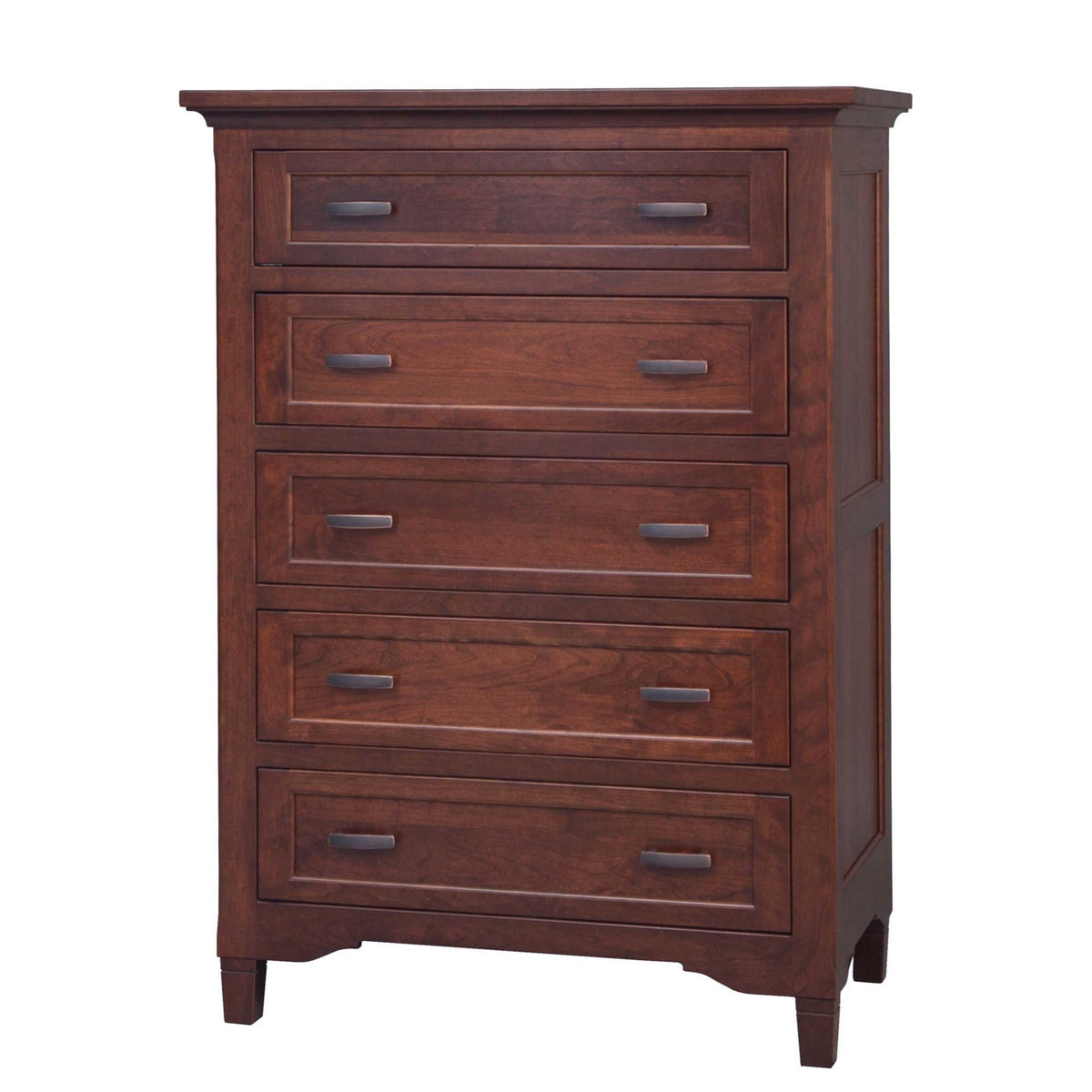 Five-drawer cherry chest of drawers with inset fronts, dark bar pulls and paneled sides on a white background