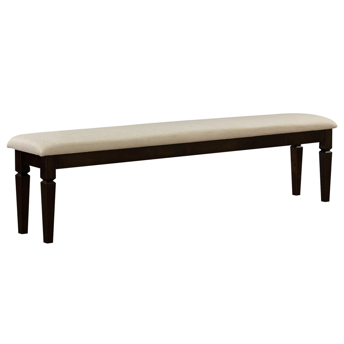 Upholstered dining bench with a cream fabric seat and dark espresso tapered legs on a white background