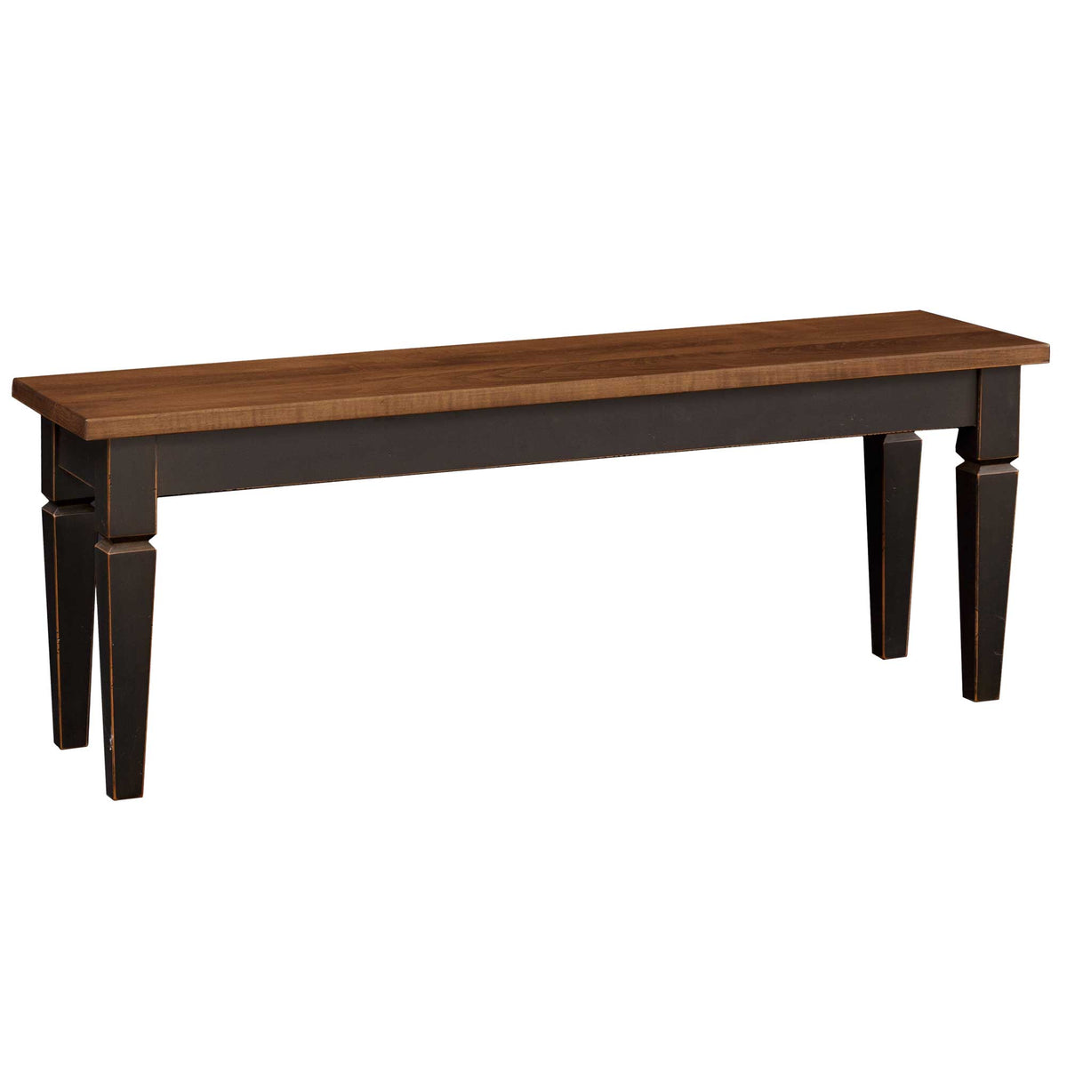 Dining bench with a warm brown plank seat and distressed black tapered legs on a white background