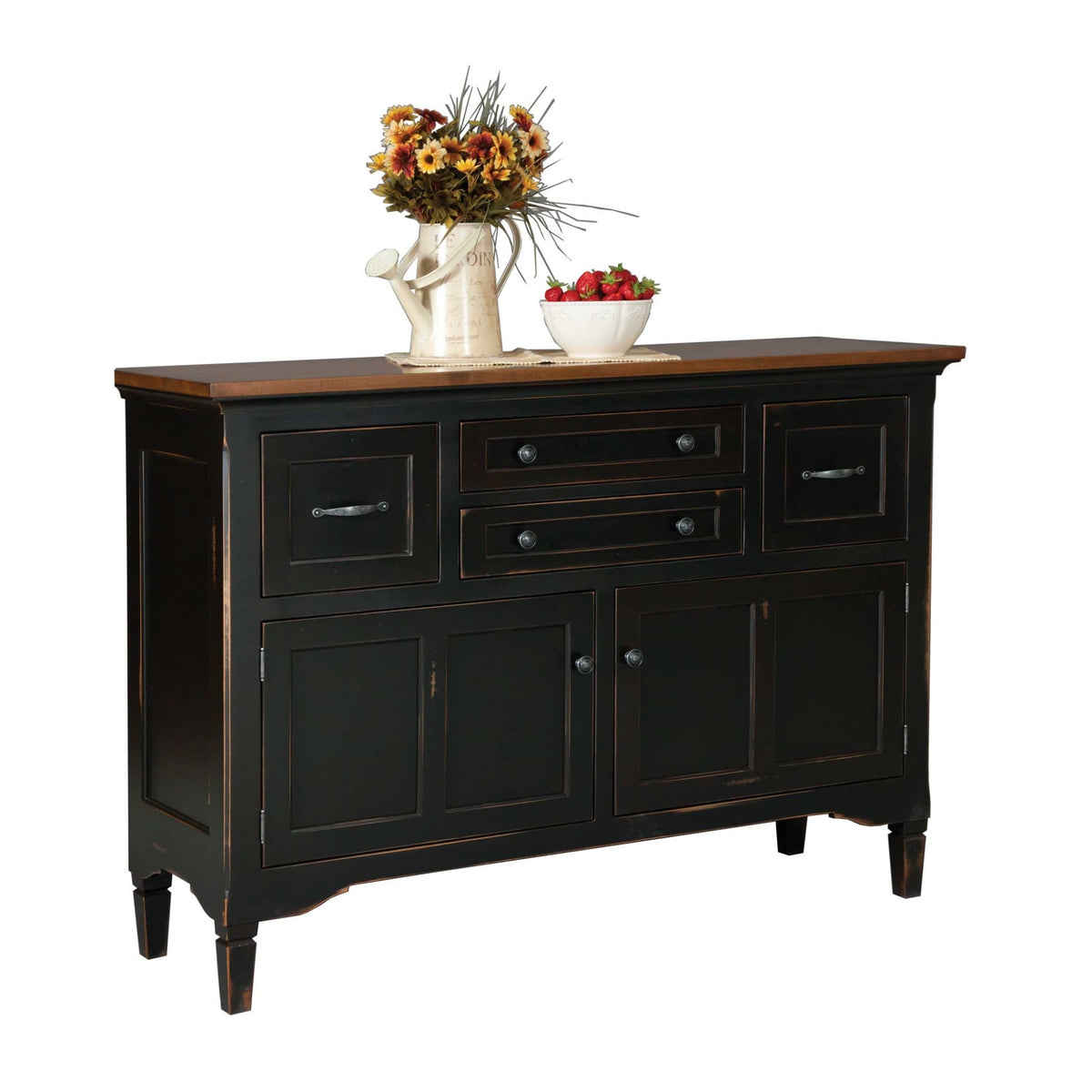 Distressed black sideboard buffet with oak top, four drawers, two cabinet doors and turned feet on white