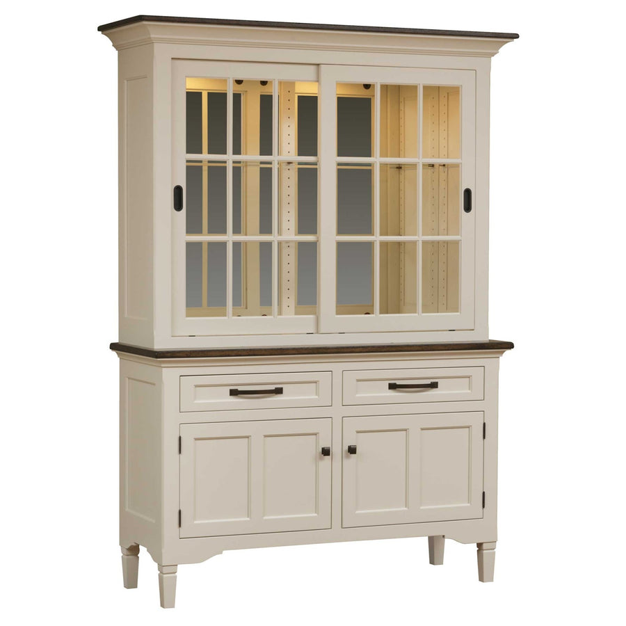 Two-tone white china cabinet with dark top, sliding glass upper doors, two drawers and two cabinet doors on tapered legs