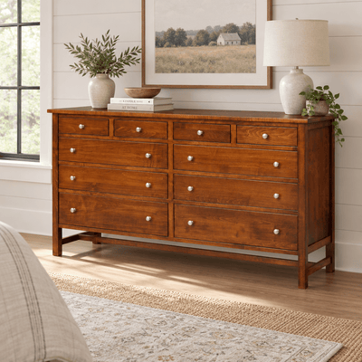 Amish Logan Square 10 Drawer Triple Dresser shown in the bedroom of a modern farmhouse home