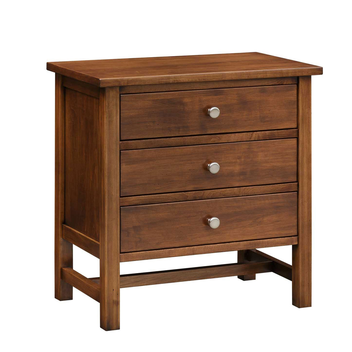 Solid wood three-drawer bedside chest with a shaker paneled side, nickel knobs, square legs and a base stretcher